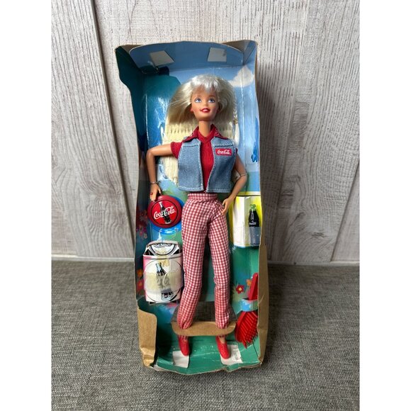 Mattel 1997 Coca-Cola Barbie With Red Gingham Pants Vest & Accessories - Picture 1 of 8